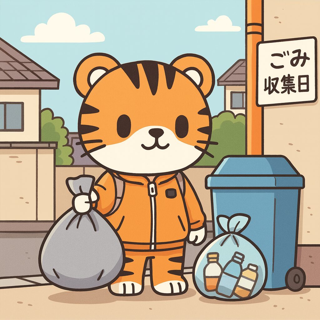 かわいい虎のキャラクターが、オレンジ色のジャケットを着てゴミ袋を持ち、住宅街のゴミ収集所へ向かっている様子。青いリサイクル袋やゴミ箱、収集日を示す看板が背景にあり、穏やかな朝の雰囲気が漂う。