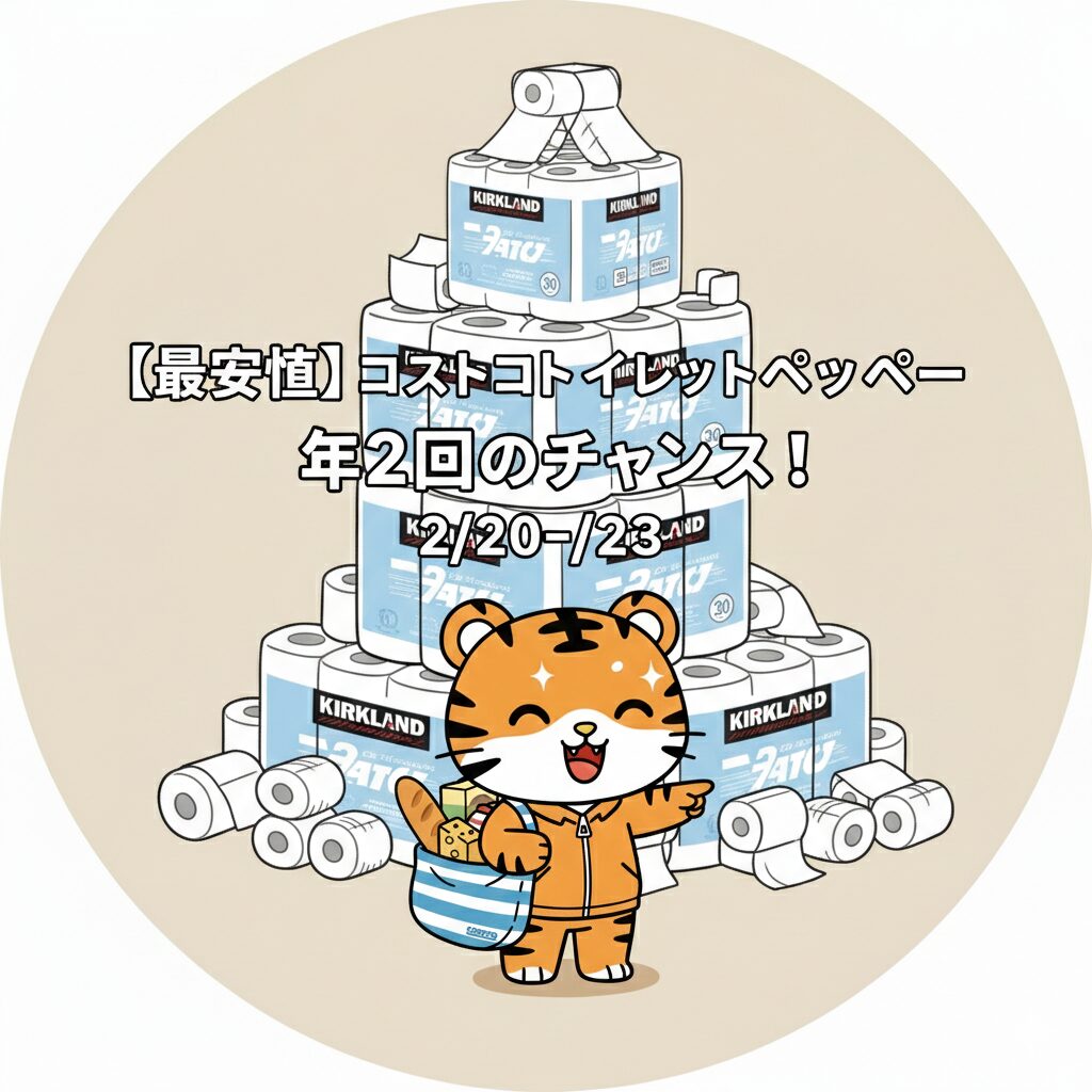 コストコのトイレットペーパー（バスティッシュ）が年2回の最安値セール！虎のキャラクターと高く積み上げられた30ロール入りのタワー。