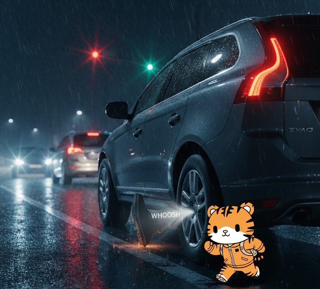 夜の雨の中、信号待ちでブレーキ故障が発生したボルボXC60と、注意喚起をする虎のキャラクターのイラスト