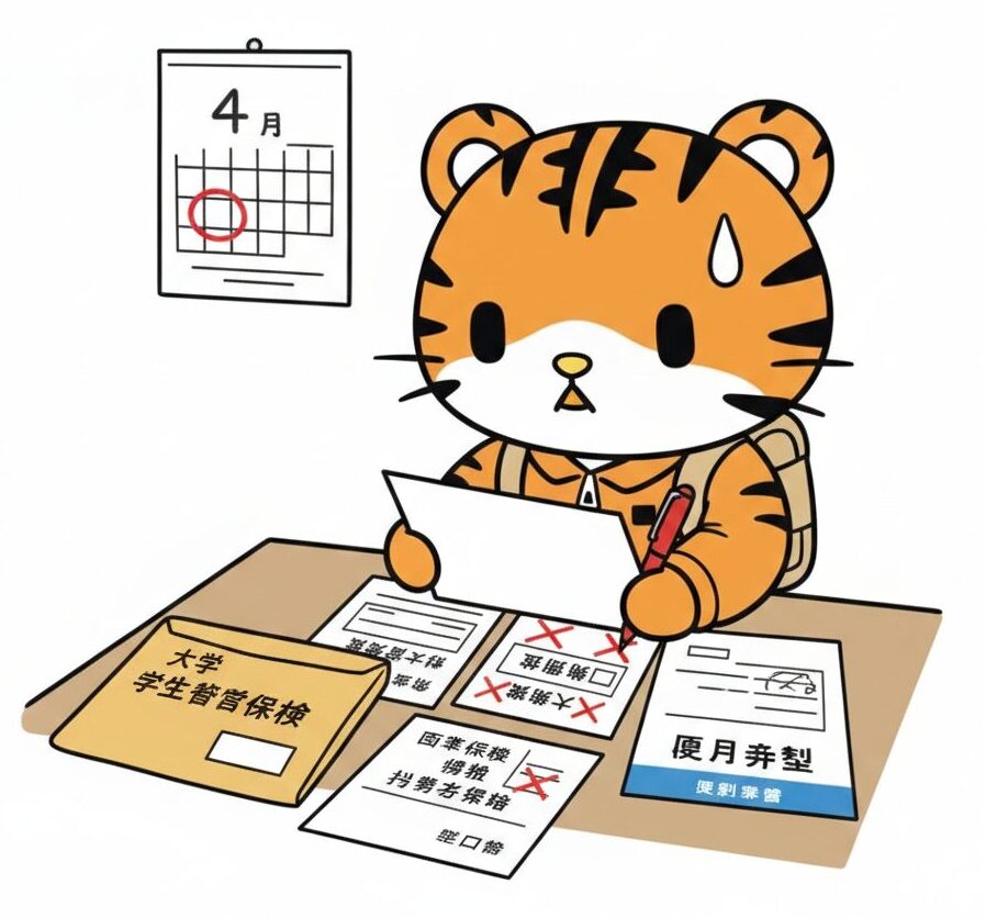 「大学から届いた学生総合保険の案内を前に、既存の保険と比較して不要な項目に×印をつける虎のキャラクターのイラスト。新生活の節約をイメージ。」