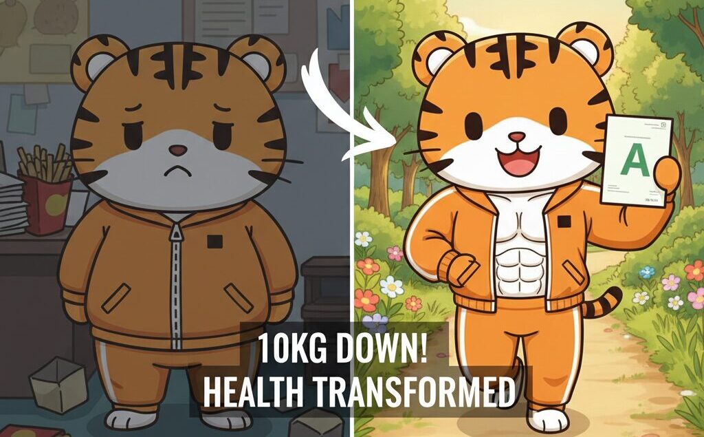 半年間のダイエットで10kg減量に成功し、人間ドック判定Aの結果を笑顔で掲げるトラのキャラクターのビフォーアフター比較イラスト