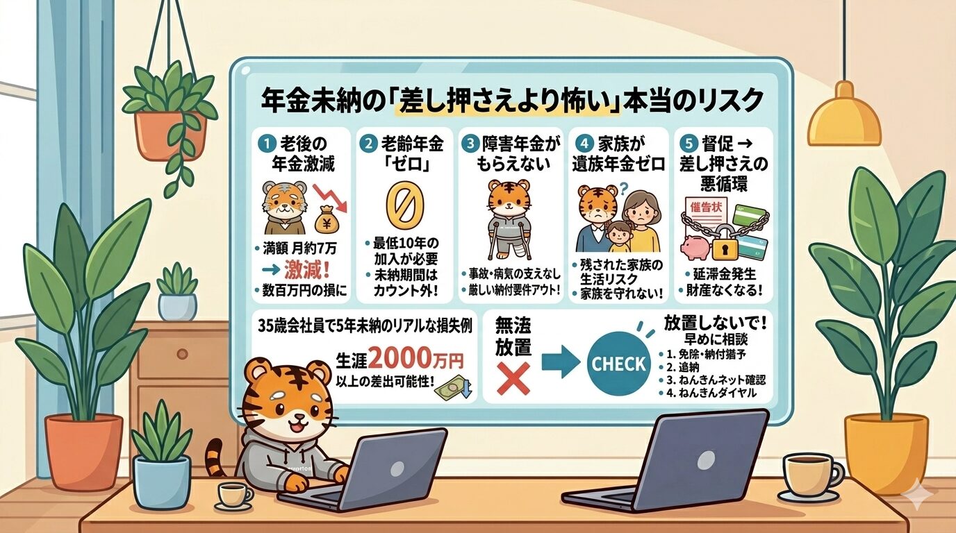 グレーのパーカーを着たかわいいトラのキャラクターが、画面中央で「年金未納の『差し押さえより怖い』本当のリスク」と題したホワイトボードを指差して解説しています。ボードは5つのリスクを縦に並べており、1．老後の年金激減（満額月約7万が数百万円の損に）、2．老齢年金ゼロ、3．障害年金がもらえない（事故・病気の支えなし）、4．家族が遺族年金ゼロ、5．督促から差し押さえの悪循環（財産がなくなる）が、アイコンと共に描かれています。下部には「35歳会社員で5年未納のリアルな損失例」として、生涯2000万円以上の差が出る可能性と老後のトラのイラストがあります。右下には「放置しないで！早めに相談」と、免除、追納、ねんきんネット確認、ねんきんダイヤルの4つの対処法が書かれています。背景は植物のある清潔なデスク環境です。
