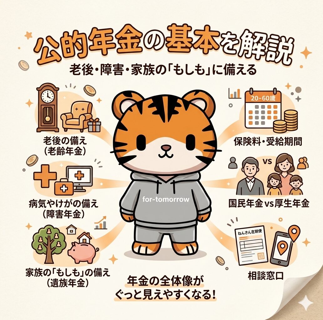 かわいいトラのキャラクターが、日本の公的年金制度の3つの柱と、それを支える仕組みについて分かりやすく説明しています。