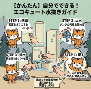 トラのキャラクターがガイド役となり、エコキュートの水抜き手順を4つのステップでわかりやすく解説しているイラストです。

ステップ構成: 1. 準備: 電源をオフにする操作。
2. 止水: タンクの元栓（止水栓）を閉める操作。
3. 排水: 逃し弁レバー（または排水栓）を回して水を出す様子。
4. 戻す: 各部を元の状態に戻し、電源をオンにする完了イメージ。

安心ポイント: 下部の吹き出しで「湯垢などの沈殿物が出ても問題ない」ことを明記し、業者の不安をあおる手口に惑わされないよう配慮しています。

デザイン: 前回のアイキャッチとトンマナを合わせつつ、手順を追えるように白枠で工程を区切っています。