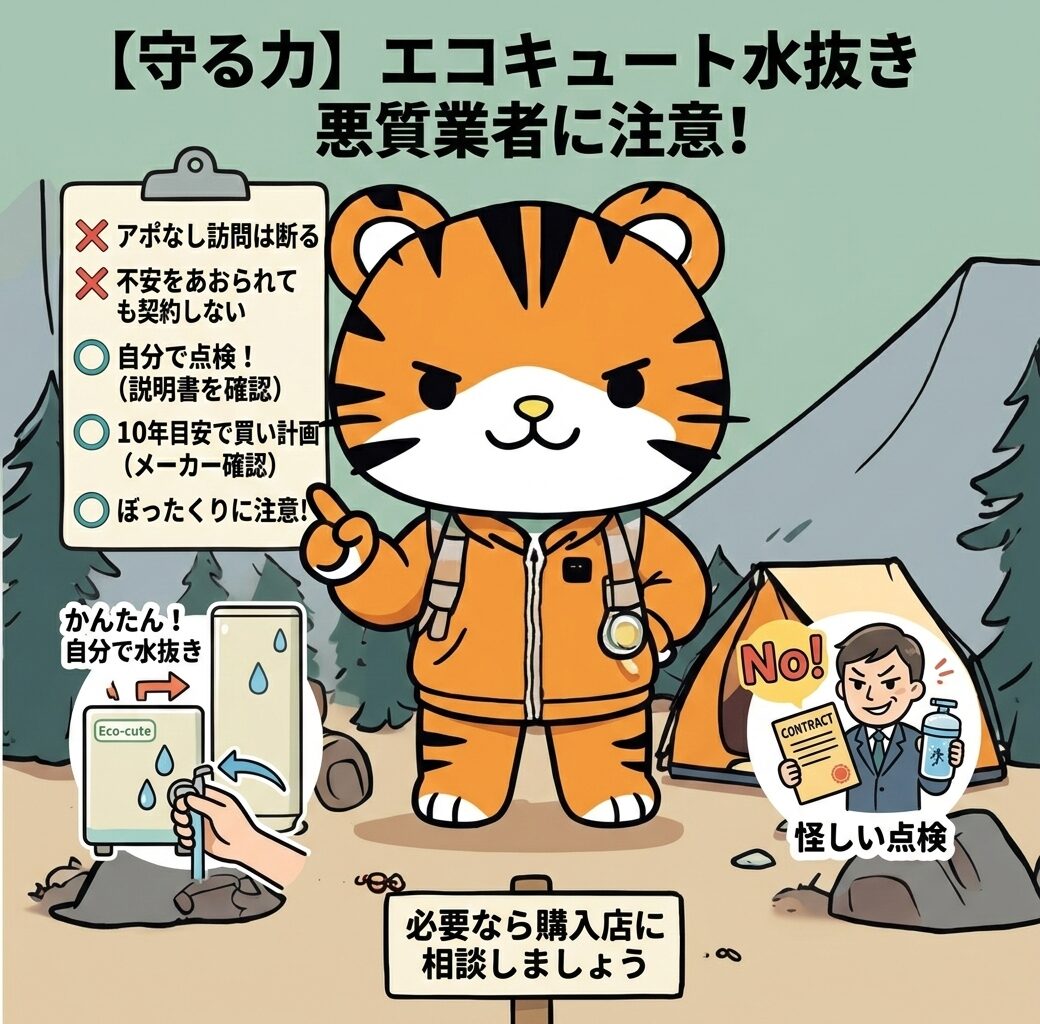 この画像は、ご提示いただいたトラのキャラクターを主役に、エコキュートの点検商法に対する注意喚起を視覚化したものです。