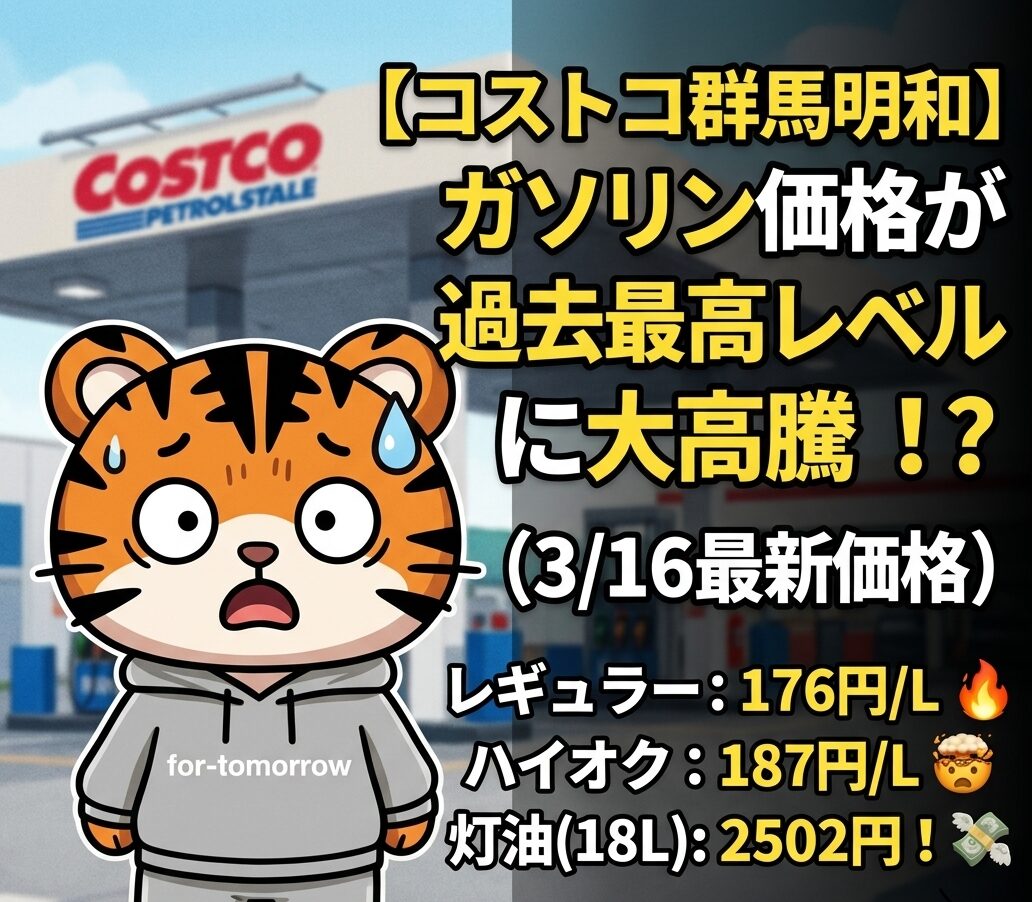 コストコ群馬明和倉庫店のガソリン価格高騰に驚く、パーカーを着た虎のキャラクター