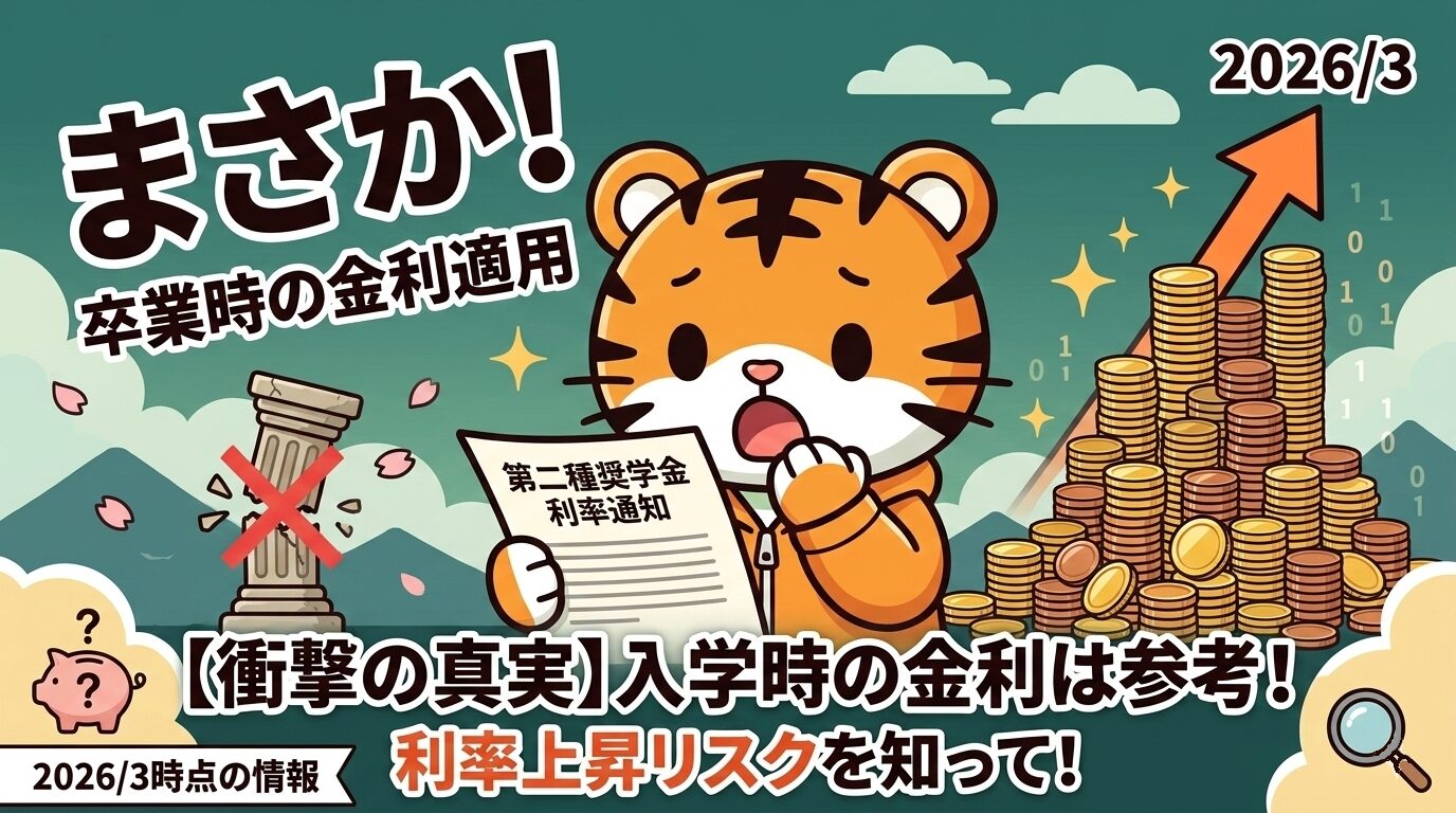 「2026年3月時点の奨学金利率上昇のリスクを解説する、驚いた表情の虎のキャラクターのイラスト」