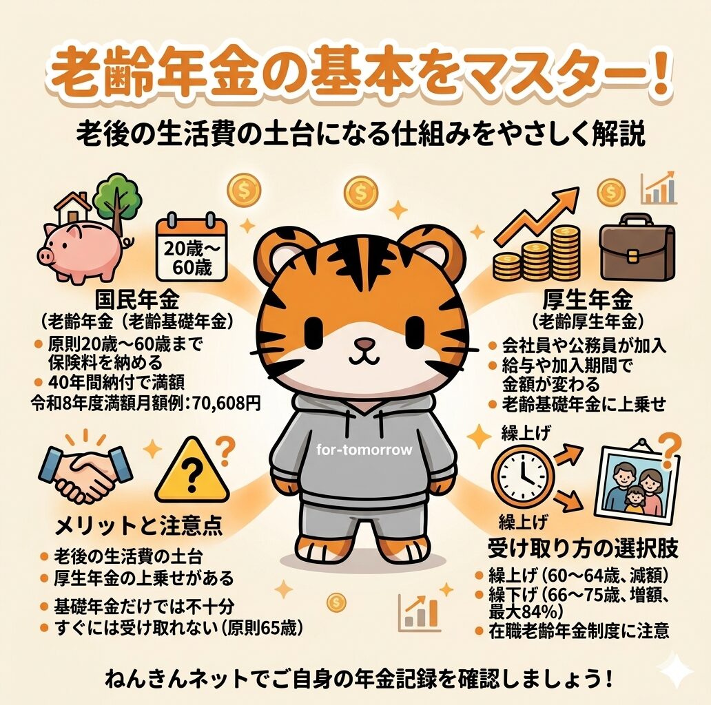 かわいいトラのキャラクターが、日本の老齢年金制度の基本について分かりやすく説明しています。