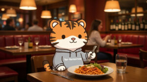 仕事疲れ レストランで リラックス トラちゃん