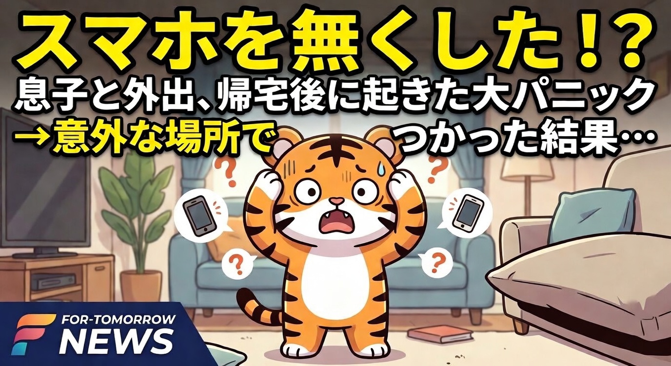 外出から帰ったら、スマホがない！？ああっ、どこ！？……と、家じゅうをひっくり返して探した結果、意外すぎる場所から発見。あのパニックを、可愛いトラくんで再現しました。