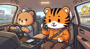 車の中で電話をしているトラのイラスト