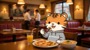 仕事疲れ レストランで リラックス トラちゃん