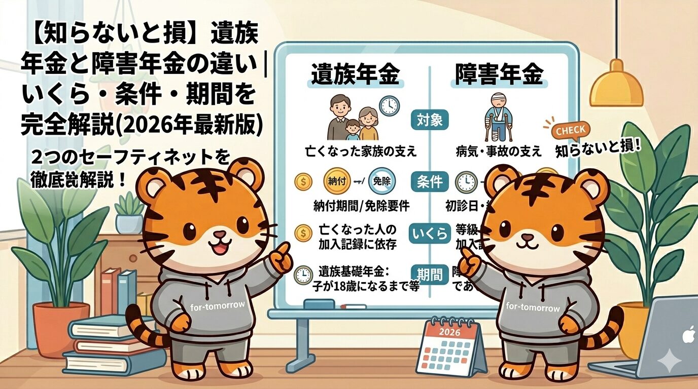 グレーのパーカーを着たかわいいトラのキャラクターが、画面中央で「遺族年金」と「障害年金」の違いを比較したホワイトボードを指差して解説している図解イラスト。上部には「【知らないと損】遺族年金と障害年金の違い｜いくら・条件・期間を完全解説（2026年最新版）」という文字があります。ボードは2列で構成。左側「遺族年金（Survivor Pension）」は、亡くなった家族の支え、納付期間/免除要件、亡くなった人の加入記録に依存、子が18歳になるまで等。右側「障害年金（Disability Pension）」は、病気・事故の支え（ crutches for leg injury of person from image_13.png and image_15.png and image_19.png and image_21.png）、初診日・納付要件/等級、等級・加入記録に依存、等級の状態である限り、と書かれています。下部には、日めくりカレンダーの「2026」と、積み重なった本があります。背景は植物のある清潔なデスク環境です。