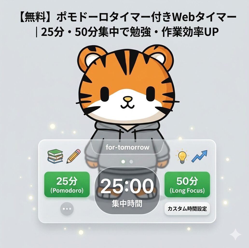 白を基調とした背景に、グレーのパーカーを着た可愛い虎のキャラクターが立っている。キャラクターの前面には、半透明でスタイリッシュなタイマーの操作パネルが浮かんでいる。パネルには「25分（Pomodoro）」と「50分（Long Focus）」のボタン、中央に「25:00」というデジタル表示があり、下部には「カスタム時間設定」のボタンも見える。画像上部には、「【無料】ポモドーロタイマー付きWebタイマー｜25分・50分集中で勉強・作業効率UP」という大きな日本語のキャッチコピーが書かれている。背景にはキラキラとした光の粒子が舞い、集中力の高まりを感じさせるデザインになっている。