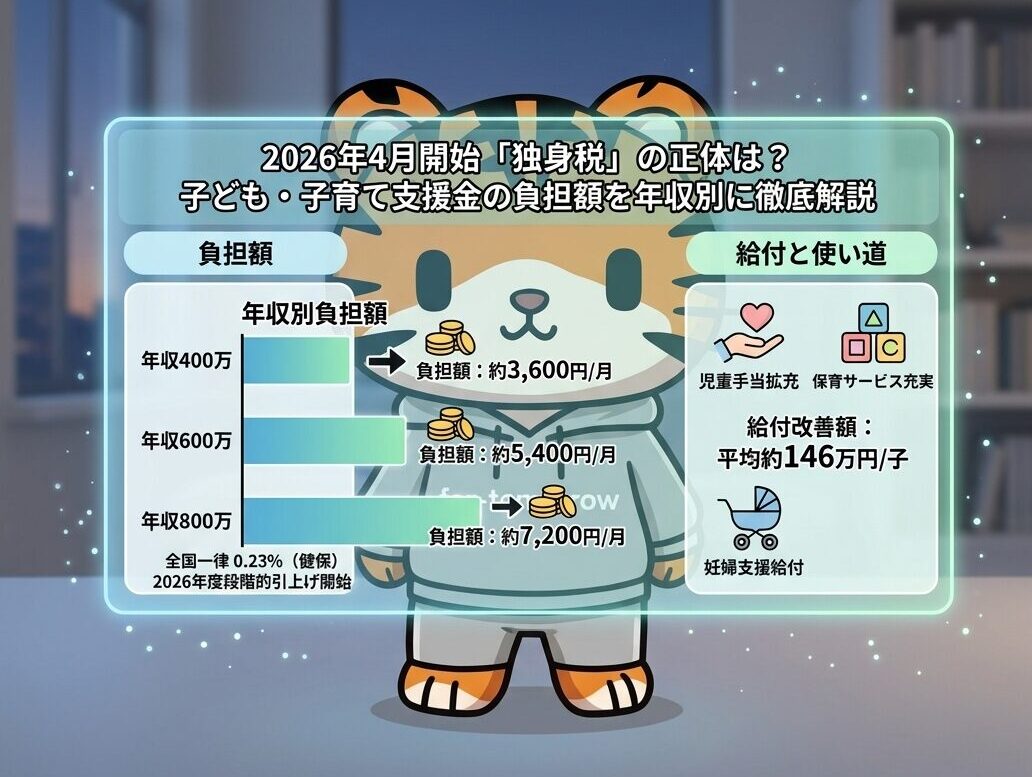 グレーのパーカーを着た可愛い虎のキャラクターの前に、半透明のインフォグラフィックパネルが浮かんでいる。パネルには「2026年4月開始『独身税』の正体は？子ども・子育て支援金の負担額を年収別に徹底解説」というタイトルが記載されている。左側には年収400万、600万、800万ごとの負担額目安を示す棒グラフとコインのアイコンがあり、右側には「給付と使い道」として児童手当拡充、保育サービス充実、妊婦支援給付などのアイコンが並んでいる。下部には「給付改善額：平均約146万円/子」というテキストも表示されている。背景は落ち着いた室内のような雰囲気で、全体的に専門的かつ分かりやすく整理されたデザイン。