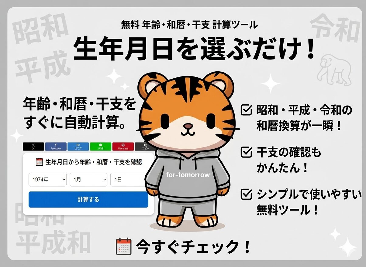可愛いトラのキャラクターと「生年月日を選ぶだけ！」というキャッチコピーが書かれた、年齢・和暦・干支の自動計算ツールの紹介画像。昭和・平成・令和の換算機能についても記載。