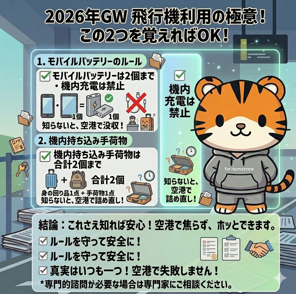 グレーのパーカーを着た虎のキャラクターが、飛行機利用の重要ルールを説明するインフォグラフィックの前に立っています。パネルの上部には「モバイルバッテリーは2個まで・機内充電は禁止」というルールが、スマートフォンとバッテリーのイラスト、禁止マークと共に分かりやすく示されています。その下には「機内持ち込み手荷物は合計2個まで（身の回り品1点＋手荷物1点）」という制限が、スーツケースとリュックのアイコンで描かれています。下部には「空港で焦らず、ホッとできます」「ルールを守って安全に！」といった結論がまとめられ、旅行前に確認すべき要点がひと目でわかるデザインになっています。