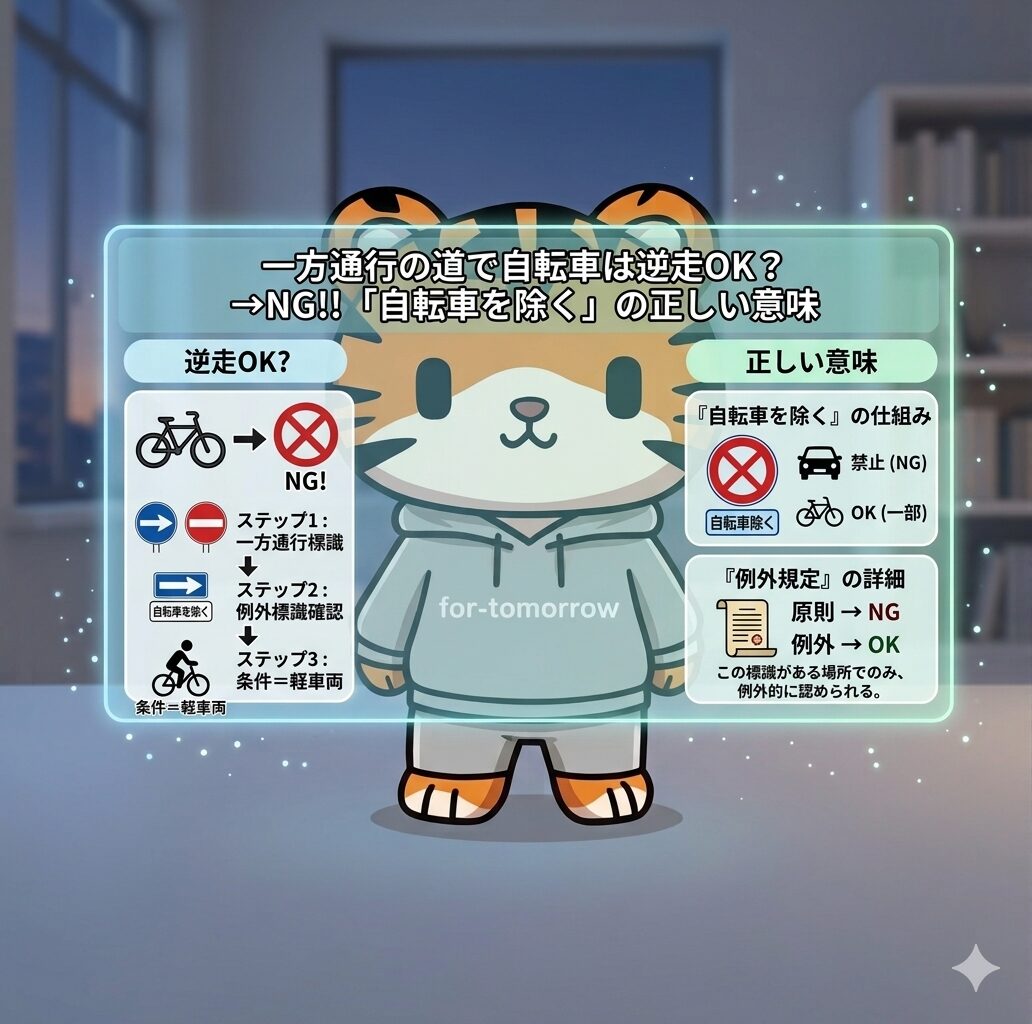 一方通行の道路で自転車の逆走が原則NGであることと、「自転車を除く」標識による例外ルールを解説したイラスト。自転車は条件付きで通行可能である仕組みをわかりやすく図解している。