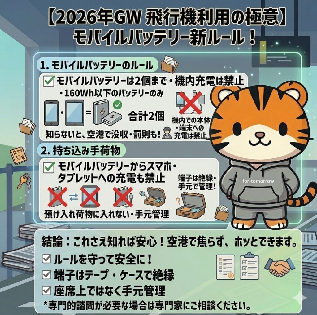 グレーのパーカーを着た虎のキャラクターが、2026年4月24日からのモバイルバッテリー新ルールをまとめたインフォグラフィックの前に立っています。パネルには「160Wh以下を1人2個まで」「機内での本体・端末への充電禁止」という主要な変更点が、スマートフォンやバッテリーのイラストに×印を添えて分かりやすく表示されています。また、「預け入れ荷物不可」「端子の絶縁」「手元で管理」といった具体的な注意事項もアイコン付きで並んでおり、違反時の罰則リスクについても触れられています。下部には「ルールを守って安全に」という結論が添えられた、空の旅を安全に楽しむためのガイド画像です。