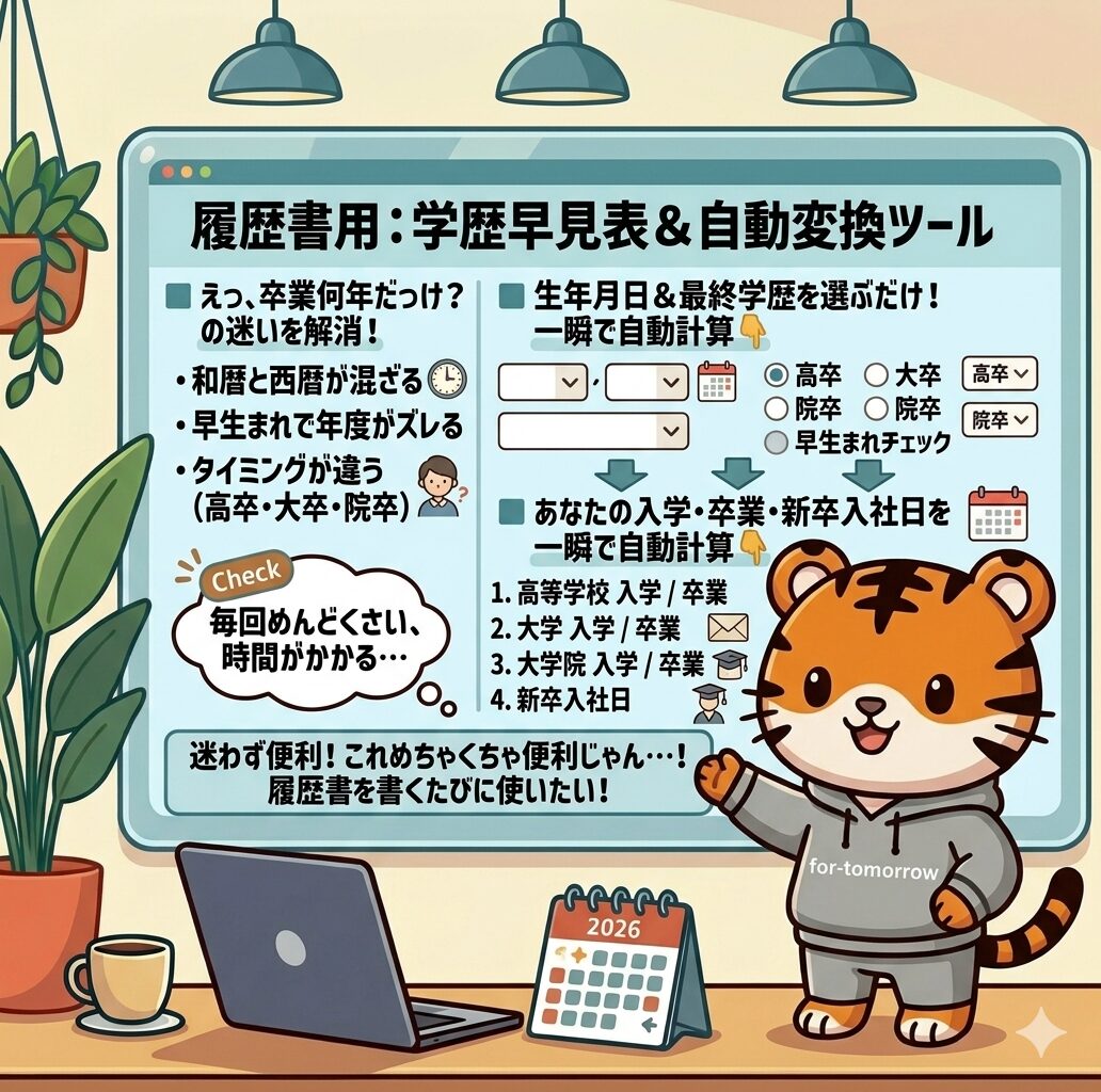 履歴書の学歴計算の悩みを解決するツールの図解。トラのキャラクターが、生年月日と最終学歴を選ぶだけで高校・大学の入学・卒業年や新卒入社日を一瞬で自動計算できる便利さを紹介しているイラスト。