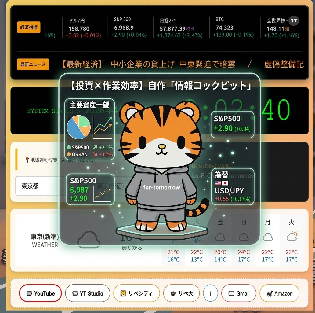 ユーザーが自作したブラウザベースのダッシュボード「情報コックピット」を背景に、グレーのパーカーを着た虎のキャラクターが浮き上がっているデザイン。背景のダッシュボードには、S&P500、ドル/円為替、日経平均などのリアルタイム経済指標、デジタル時計、天気予報、YouTubeやAmazonへのクイックリンクが整然と配置されている。手前の虎のキャラの前には、主要資産の一望グラフや「S&P500 +2.90」といった投資データがホログラムのように表示されており、投資と作業効率を一つにまとめたスマートなデジタル環境を表現している。