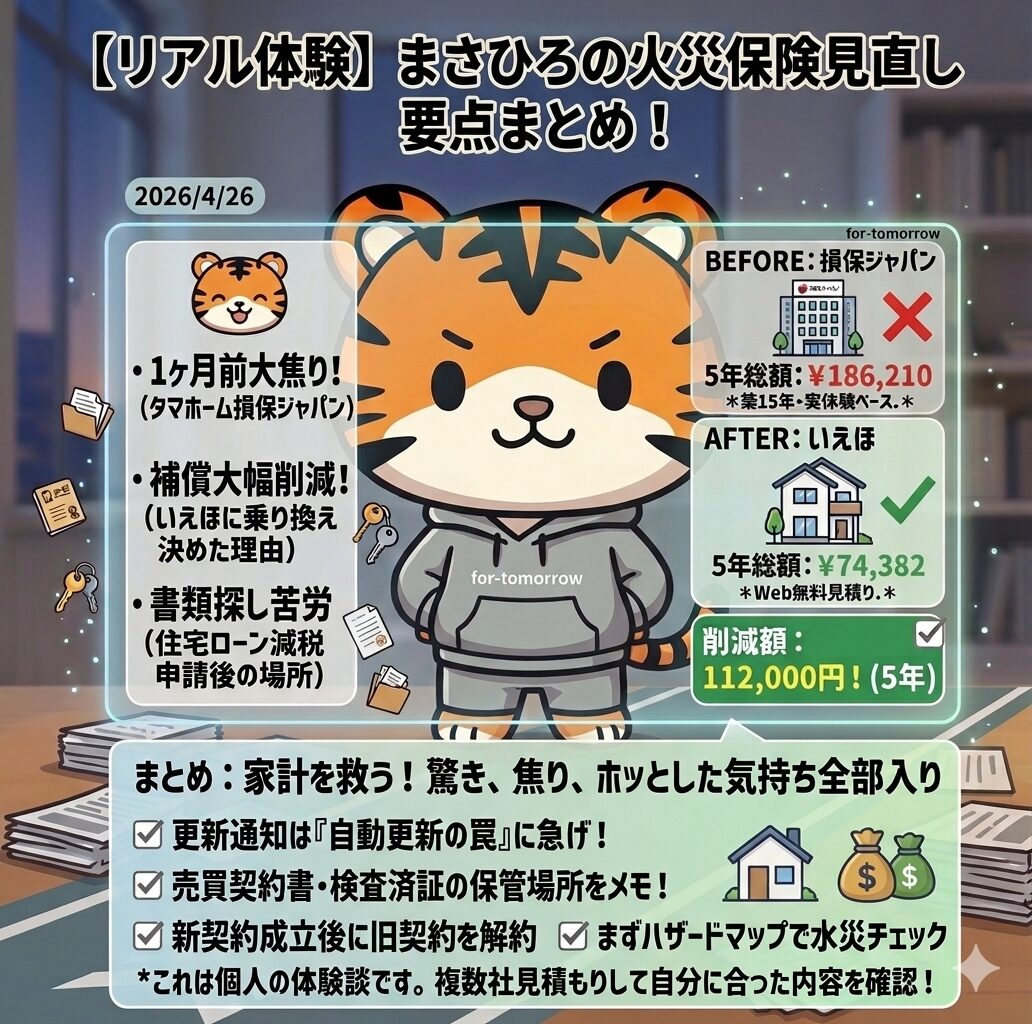 グレーのパーカーを着た虎のキャラクターが、火災保険見直しの詳細が書かれたインフォグラフィックパネルの前に立っている。パネルの左側には「1ヶ月前大焦り！」「補償大幅削減！」「書類探し苦労」といった苦労話の要点が並び、右側にはビフォーアフターの金額比較が表示されている。旧契約（損保ジャパン）の5年総額186,210円に対し、新契約（いえほ）は5年総額74,382円となっており、削減額が112,000円であることが強調されている。下部には「自動更新の罠に注意」「書類の保管場所をメモ」などの教訓とチェックリストがまとめられており、家計改善の達成感と役立つアドバイスが詰まったデザイン。